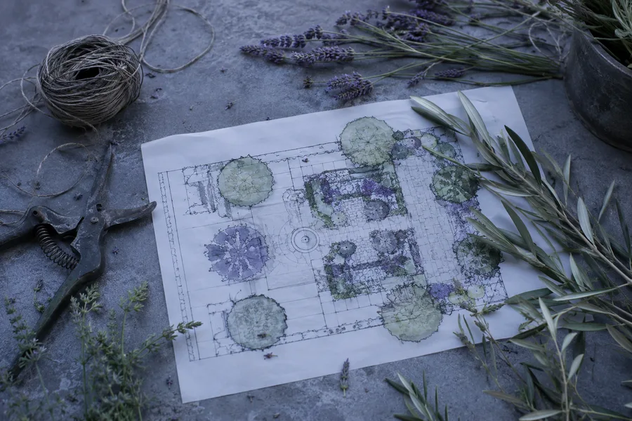 Plano de jardín dibujado a mano junto a ramas de lavanda y olivo